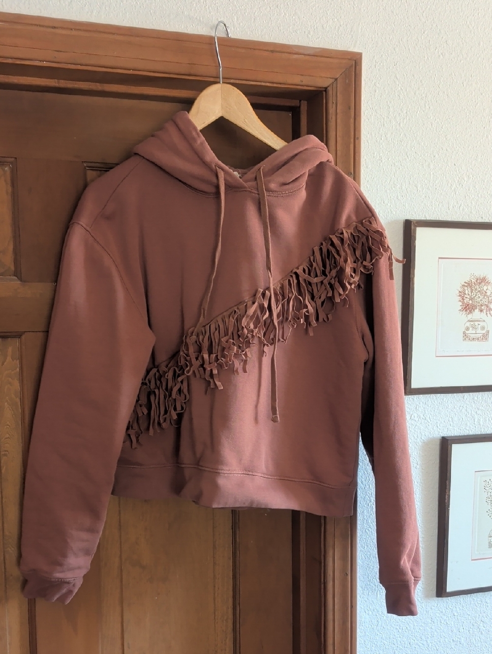 Pilcro Women's Fringe Cropped Hoodie - Dusty Rose